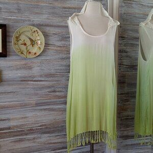 Ombré Sleeveless Hooded Tassels Cover Up Extra Large XL Lime Green White